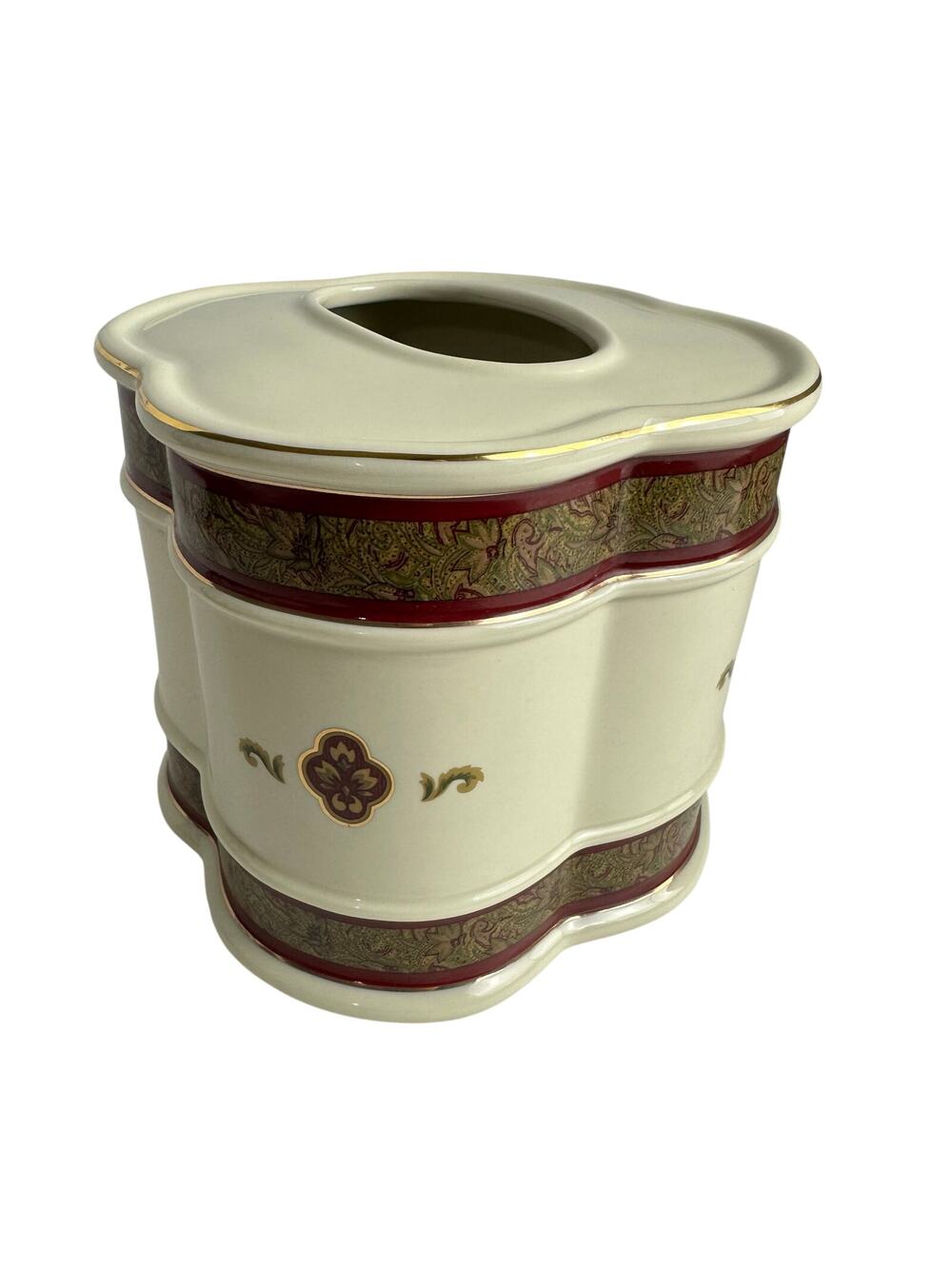 Croscill Bellissima Tissue Holder Cover Box Burgundy and Ivory Porcelain 6” Tall